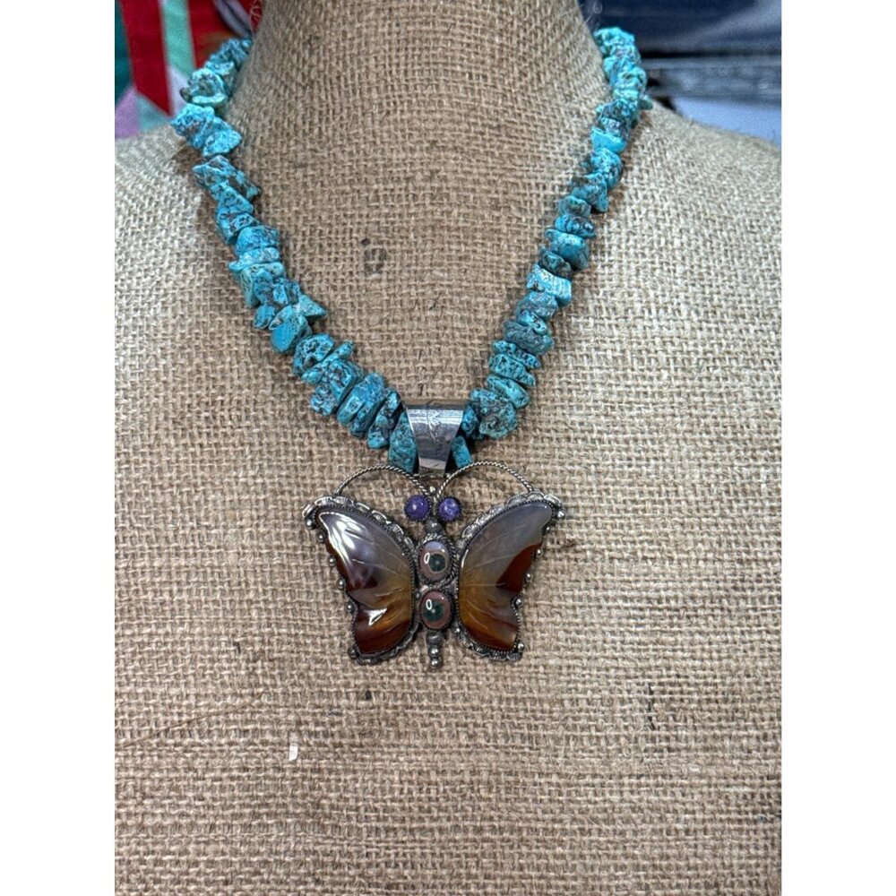 Native American Zuni Leonard Martza's Rare Butterfly Necklace Agate & Turquoise
